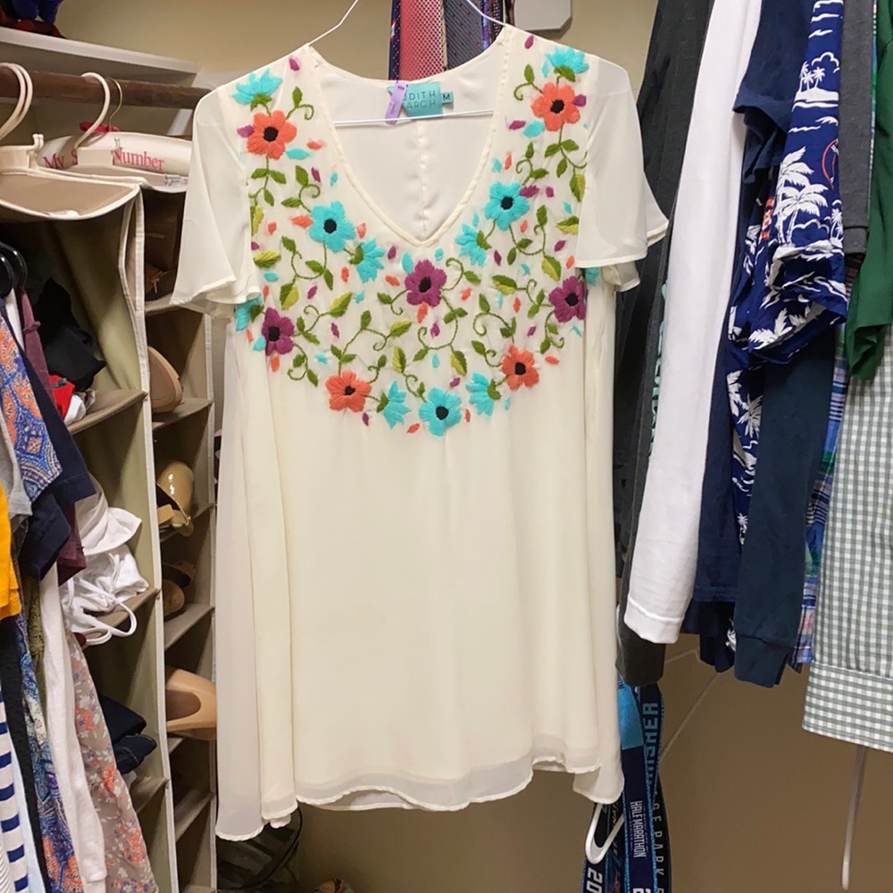 Light weight cream and embroidered floral dress.